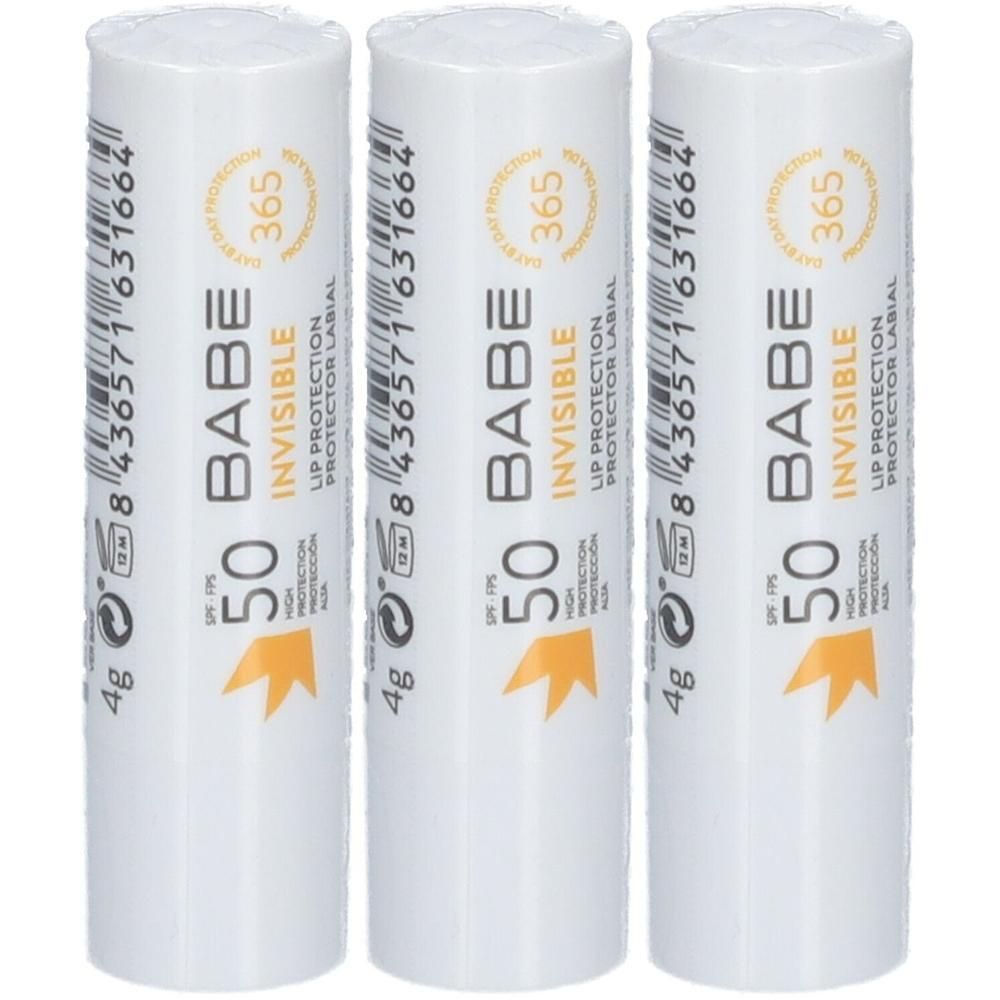 Trois sticks de protection labiale BABE Invisible SPF50. Inscription 365 et 4g. Emballage blanc avec texte noir et orange.