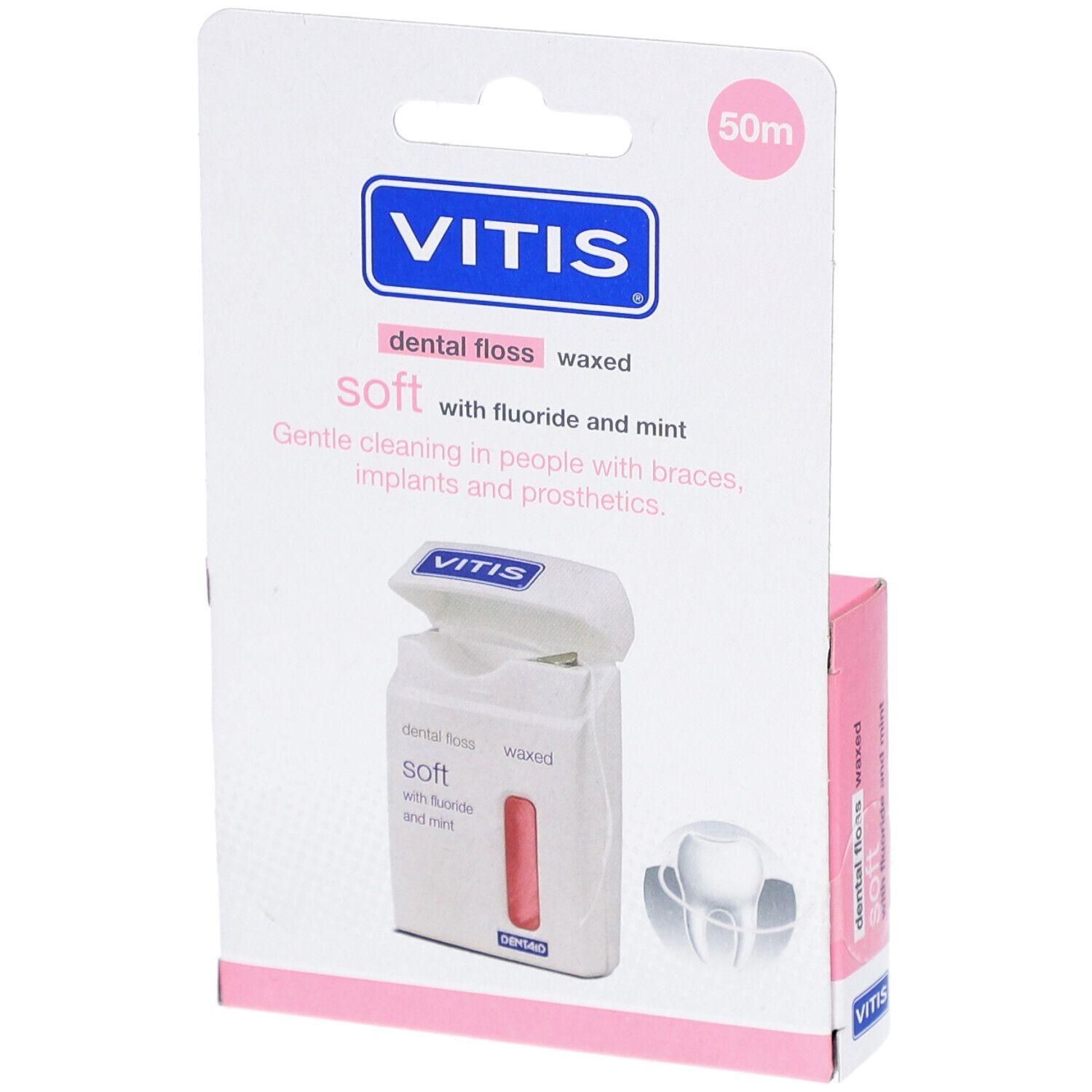 VITIS-verpakking voor tandzijde. Zachte, gewaxte tandzijde met fluoride en mint. 50m. Voor beugels, implantaten en prothesen.