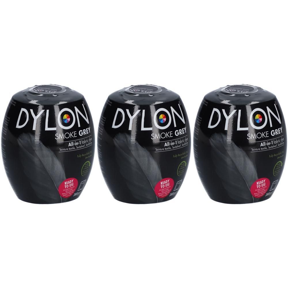 Drie ovale containers met Dylon Smoke Grey. Opschrift: All-in-1-Fabric Dye. Klaar voor gebruik.