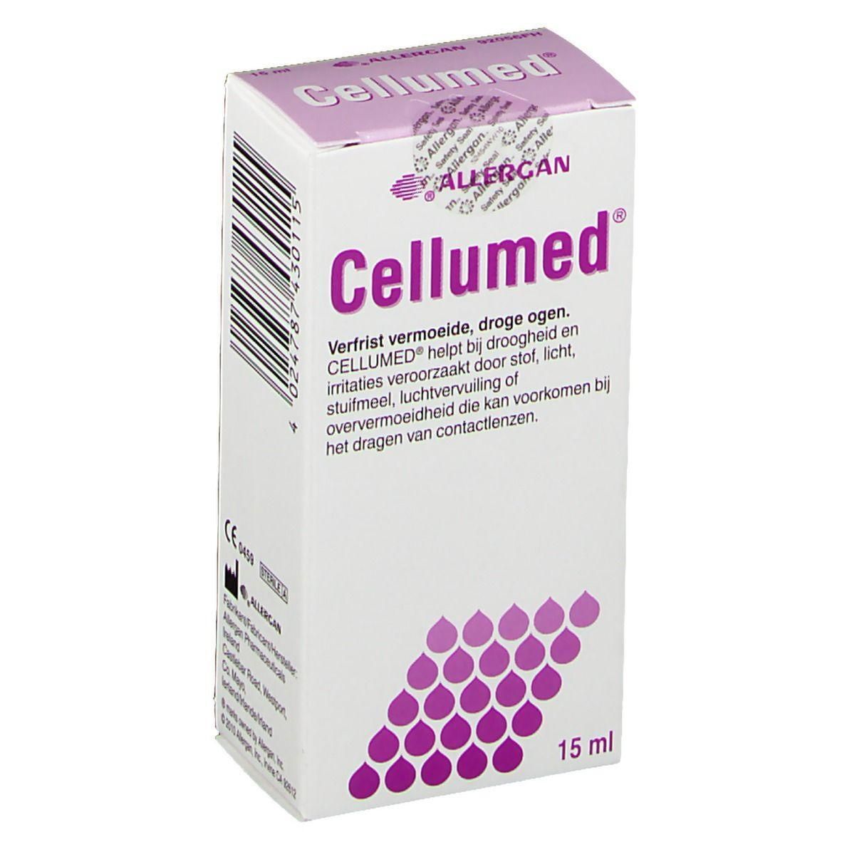 Boîte blanche avec le mot Cellumed en violet. Texte: Verfrist vermoeide, droge ogen. 15 ml. Logo Allergan.