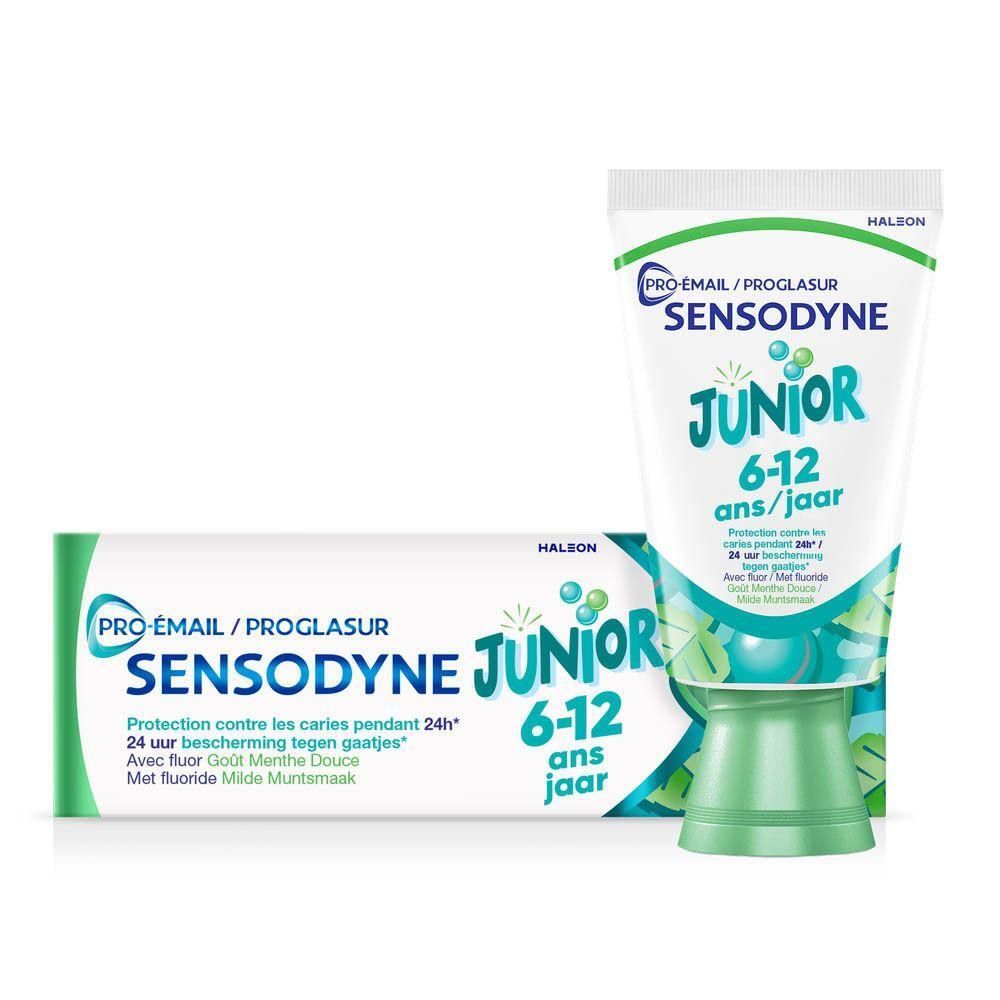 Tube et emballage de dentifrice Sensodyne Junior 6-12 ans. Protection contre les caries. Goût menthe douce.