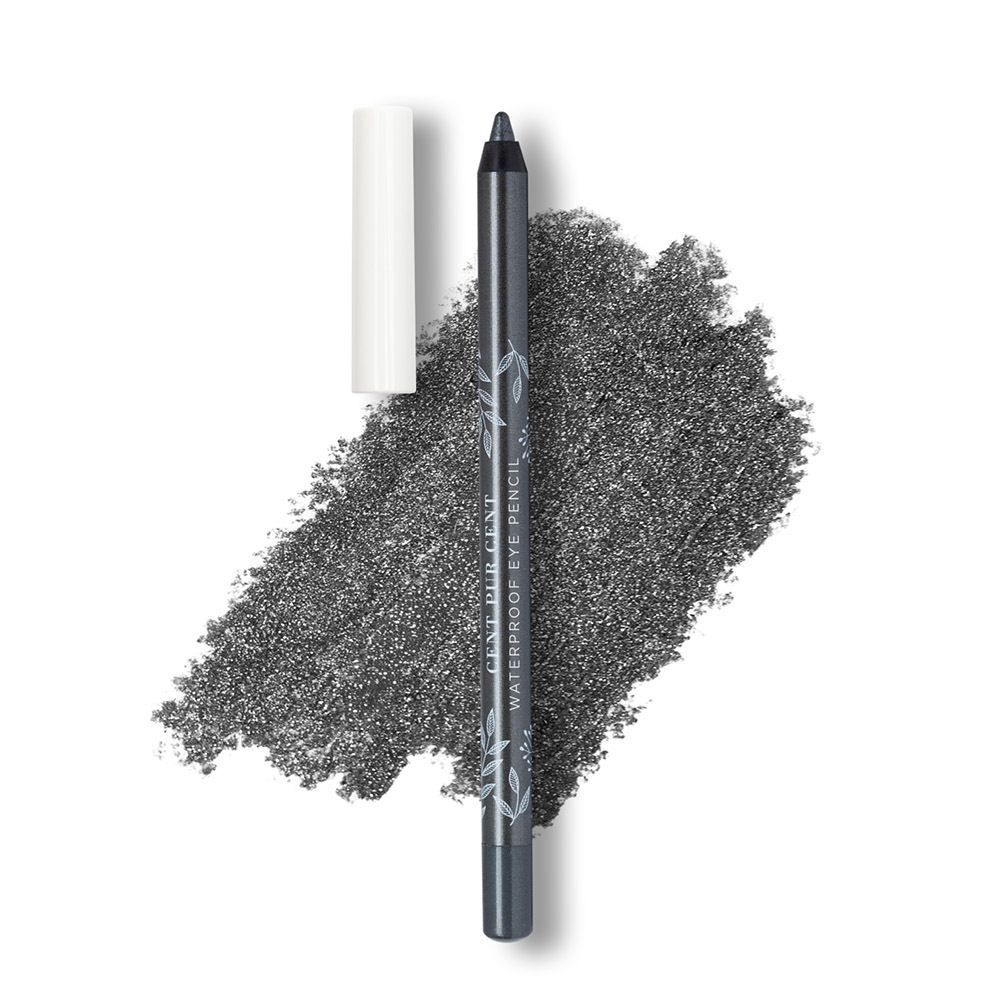 Crayon pour les yeux gris avec capuchon blanc et trace grise. Corps noir avec texte. Sur fond blanc.