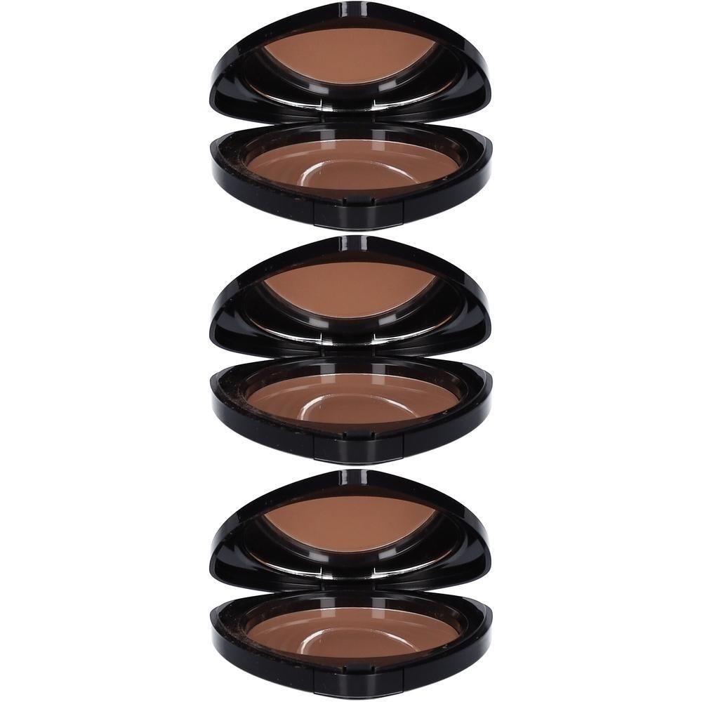 Trois boîtiers cosmétiques noirs ouverts avec de la poudre brune. Chaque boîtier a une forme triangulaire avec un miroir dans le couvercle.