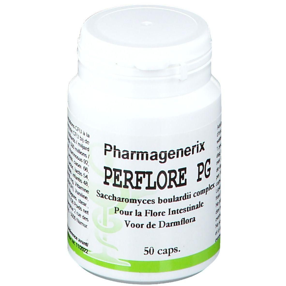 Witte fles met opschrift Pharmagenerix PERFLORE PG. Bevat 50 capsules. Tekst in het Frans en Nederlands.