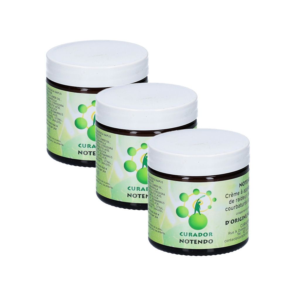 Trois pots de crème avec couvercles blancs. Étiquettes : CURADOR NOTENDO. Design vert et blanc.