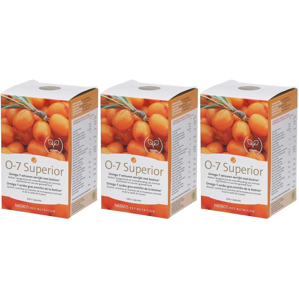 Drie dozen O-7 Superior. Opschrift: Omega-7, 120 capsules. Illustratie van duindoornbessen. Merk: NATACS key nutrition.