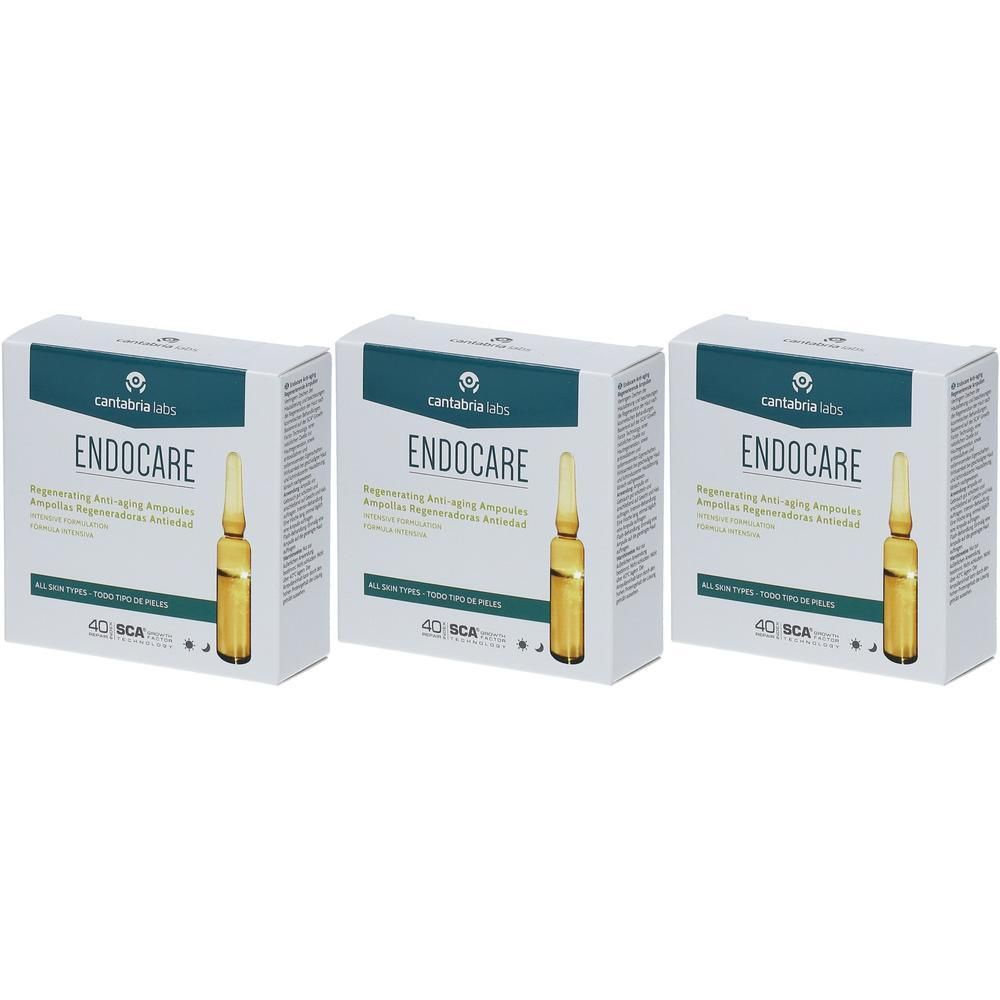Drie dozen met ampullen. Opschrift: Endocare. Regenererende anti-aging ampullen. Merk: Cantabria Labs. 40 ampullen.