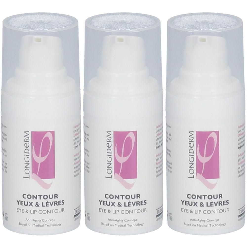 Drie witte flacons met transparante doppen. Op elke flacon staat "LONGIDERM" en "CONTOUR YEUX & LÈVRES EYE & LIP CONTOUR".