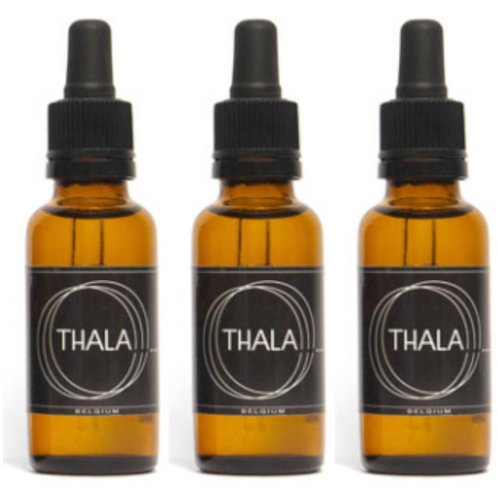 Trois flacons en verre ambré avec bouchons noirs et étiquettes noires portant le mot THALA. Inscription: BELGIUM.