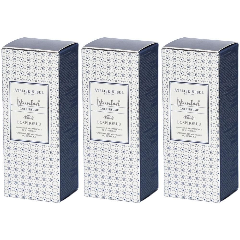 Drie rechthoekige dozen. Opschrift: Atelier Rebul Istanbul, Car Perfume, Bosphorus. Verpakking met blauw patroon en zilveren bovenkant.