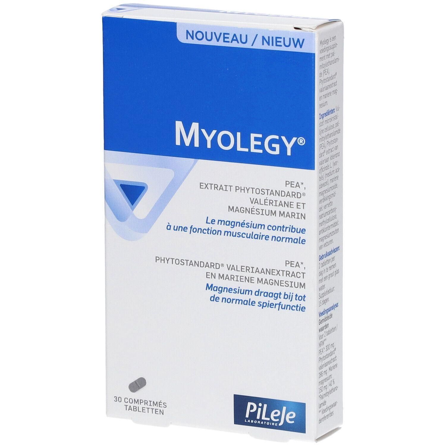 Boîte MYOLEGY, 30 comprimés. Ingrédients : PEA, extrait de valériane et magnésium marin. Marque PiLeje. Texte en français et néerlandais.