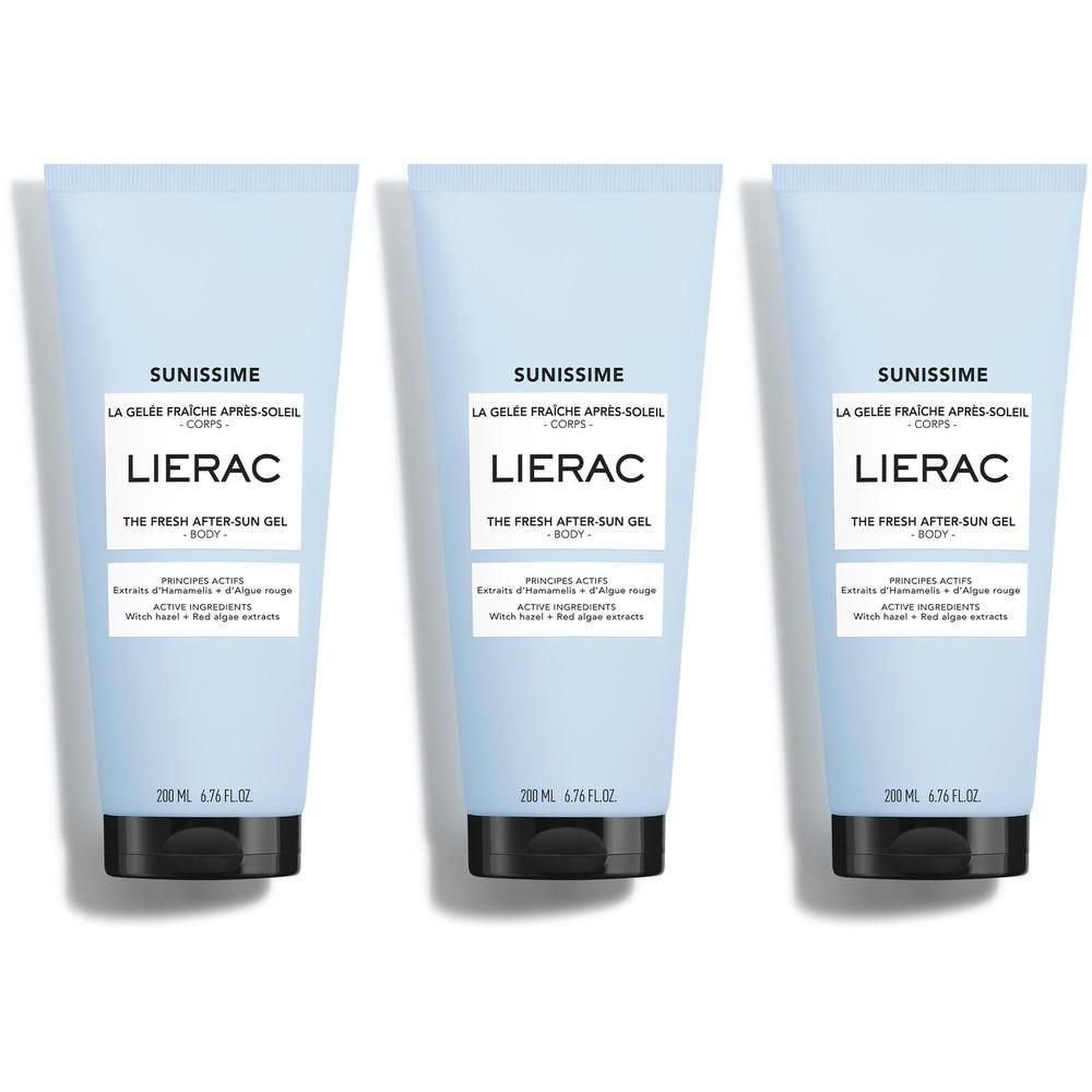 Trois tubes de gel après-soleil Lierac Sunissime. Tubes bleu clair avec bouchon noir. Nom du produit et texte visibles.