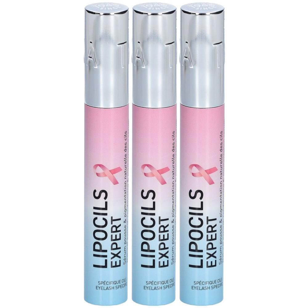 Trois tubes de Talika Lipocils Expert. Emballage rose et bleu avec texte et ruban rose. Bouchon argenté.