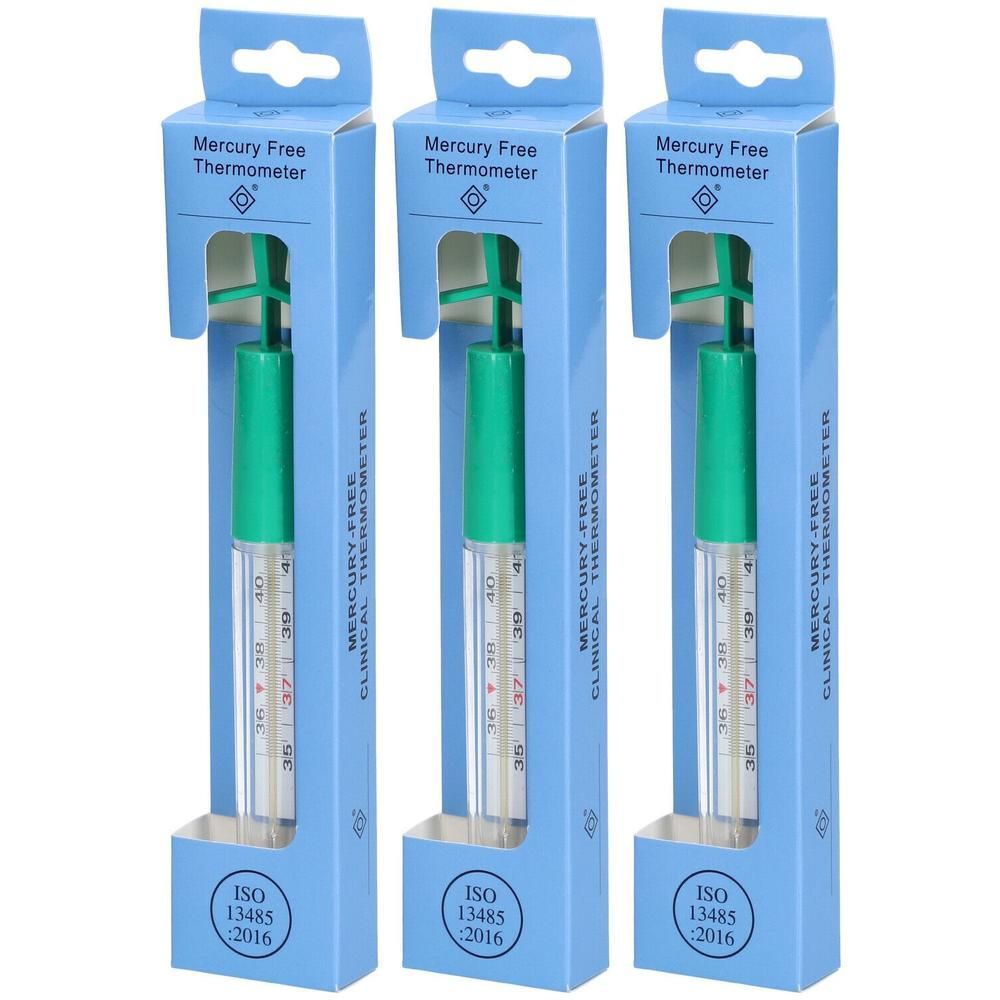 Trois thermomètres sans mercure dans des boîtes bleues. Chaque thermomètre a une poignée verte et une échelle de température.