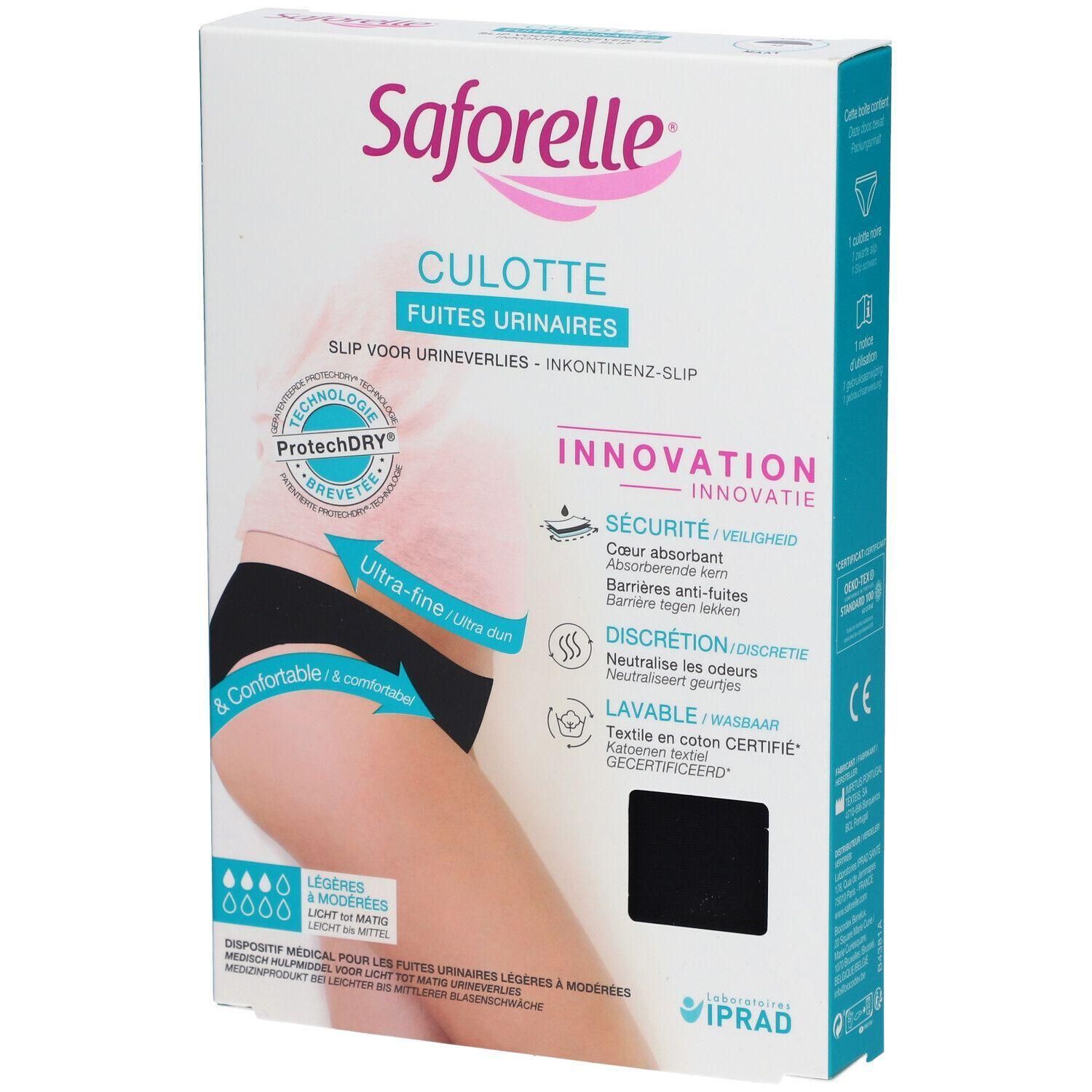 Boîte de culotte noire. Marque Saforelle, nom du produit: Culotte Fuites Urinaires. Textes: ProtechDRY, Innovation, lavable, coton.