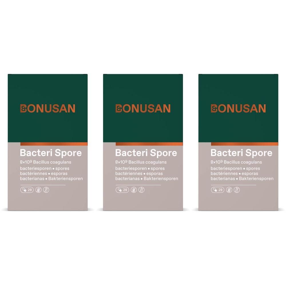 Drie rechthoekige verpakkingen. Bovenin staat "BONUSAN". Daaronder "Bacteri Spore". Tekst in meerdere talen. Groen, oranje en grijs.