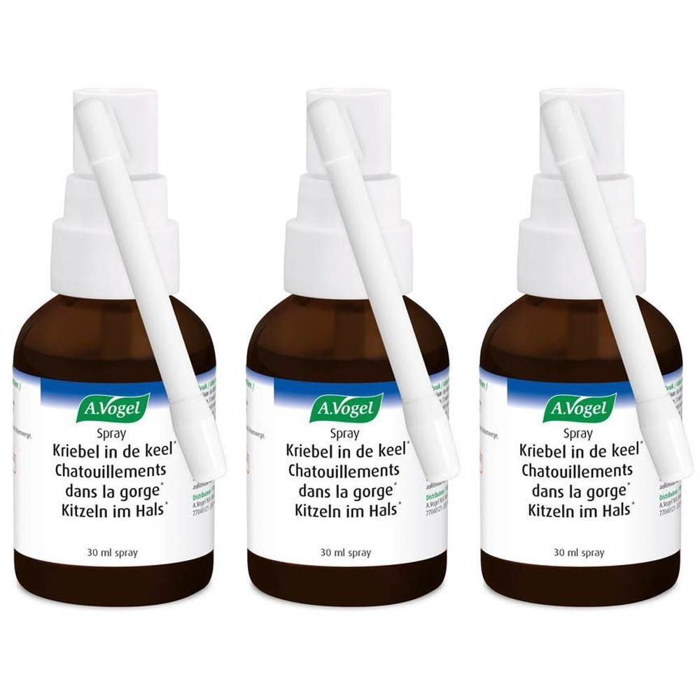 Trois flacons A.Vogel Spray. Flacons bruns avec embout blanc. Inscription : Kribbel in de keel, Chatouillements dans la gorge, Kitzeln im Hals.