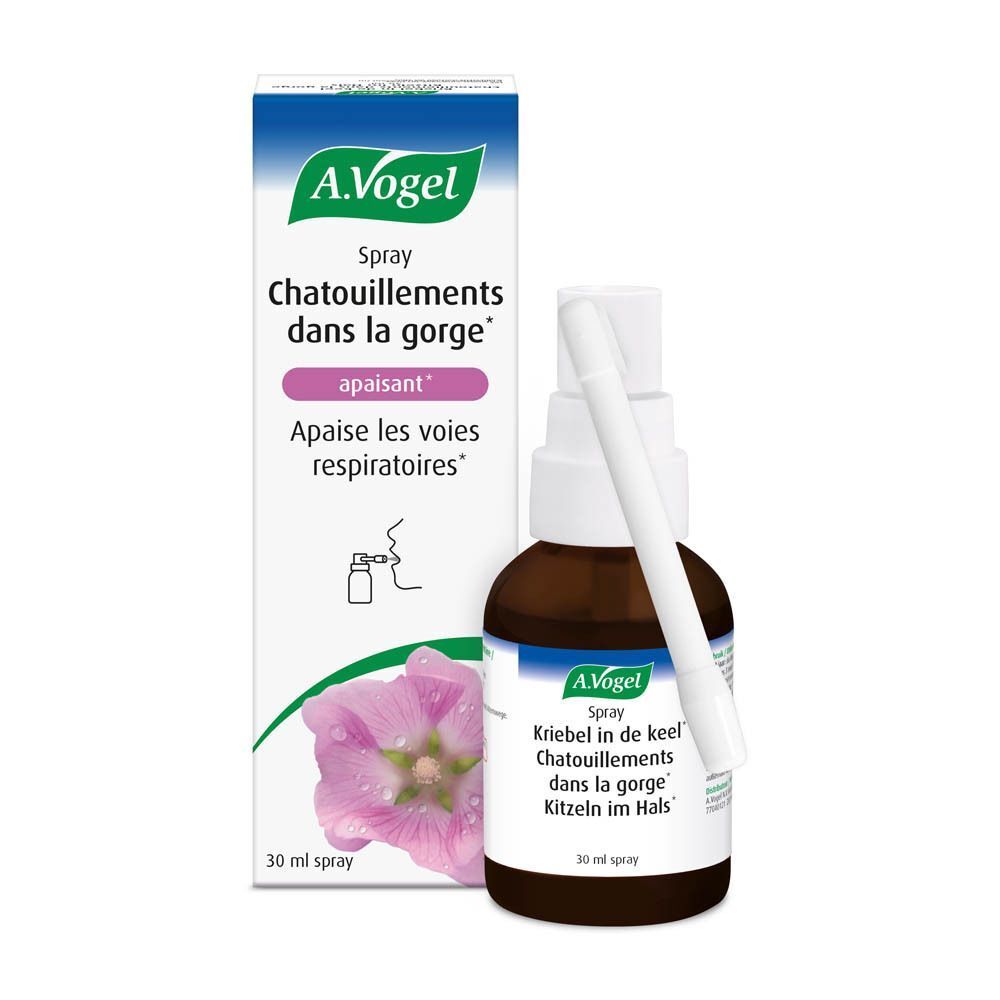 Flacon et emballage A.Vogel Spray. Flacon brun, emballage blanc. Inscription : Chatouillements dans la gorge. Avec illustration.
