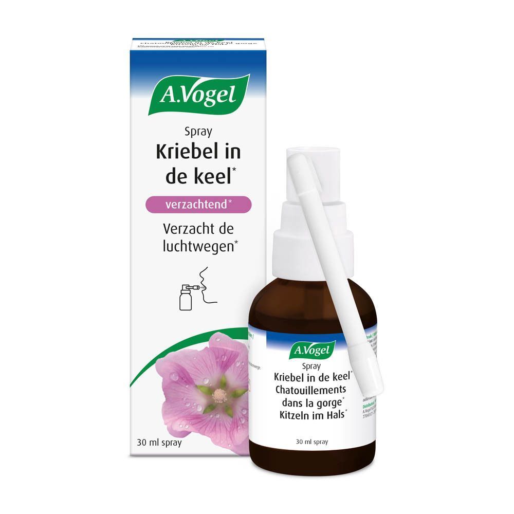 A.Vogel Spray fles en verpakking. Fles bruin, verpakking wit. Opschrift: Kribbel in de keel. Met illustratie.