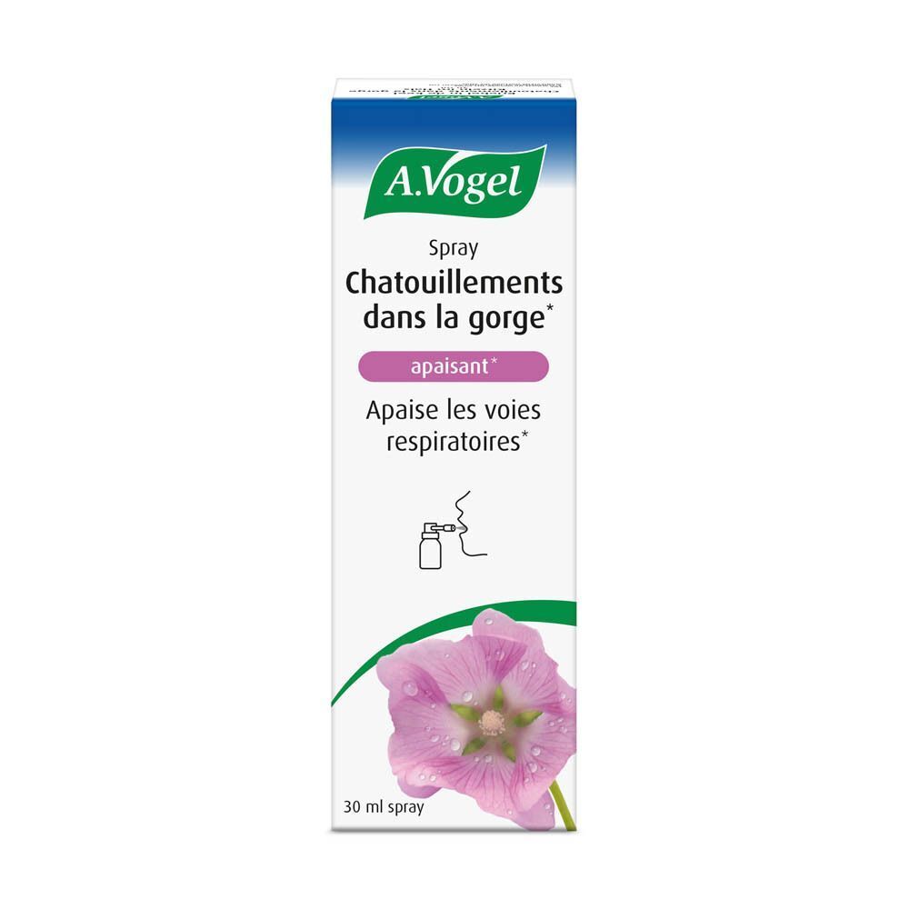 Emballage blanc avec A.Vogel Spray. Inscription : Chatouillements dans la gorge, apaise les voies respiratoires. Avec illustration et fleur.