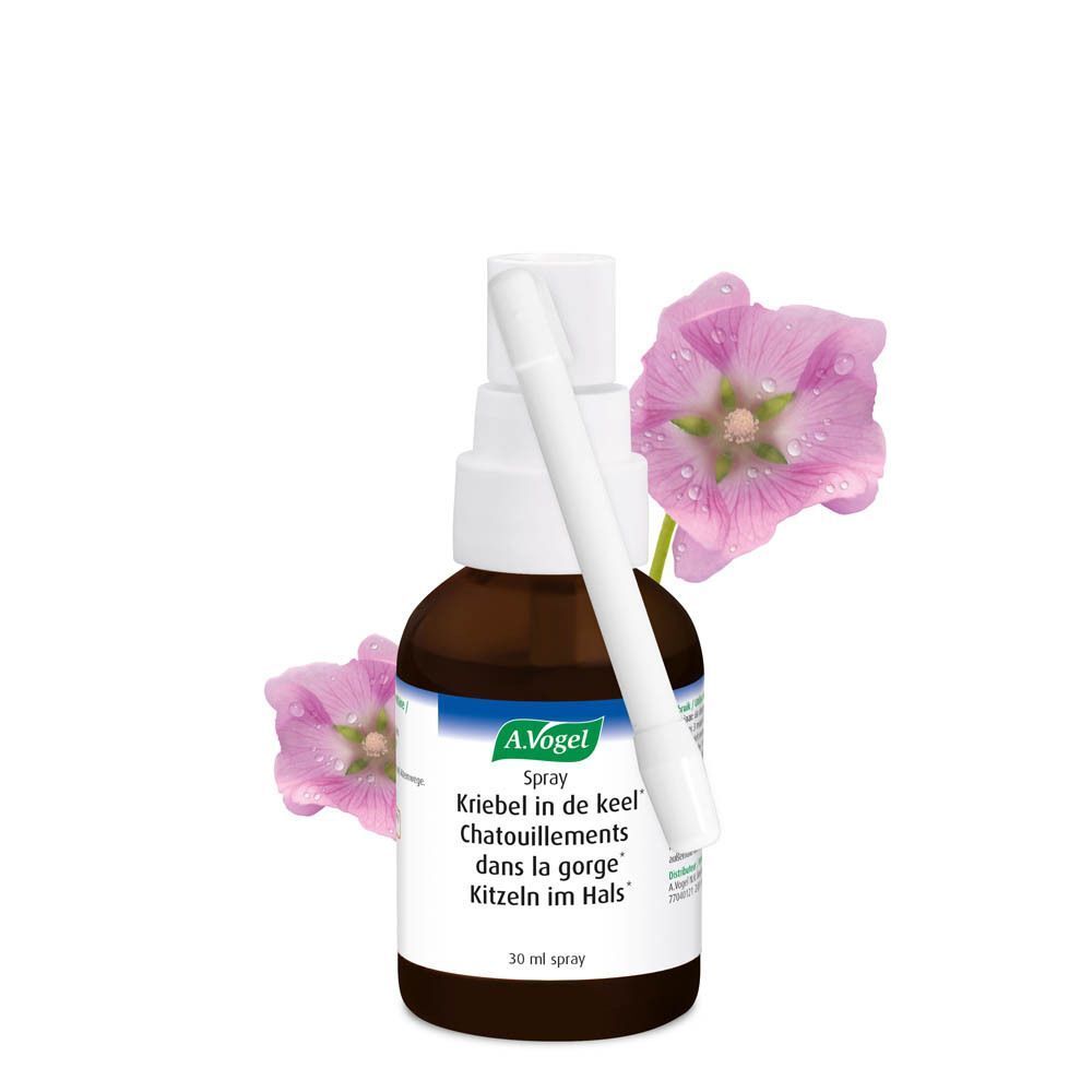 Flacon A.Vogel Spray avec fleur. Flacon brun avec embout blanc. Inscription : Kribbel in de keel, Chatouillements dans la gorge, Kitzeln im Hals.