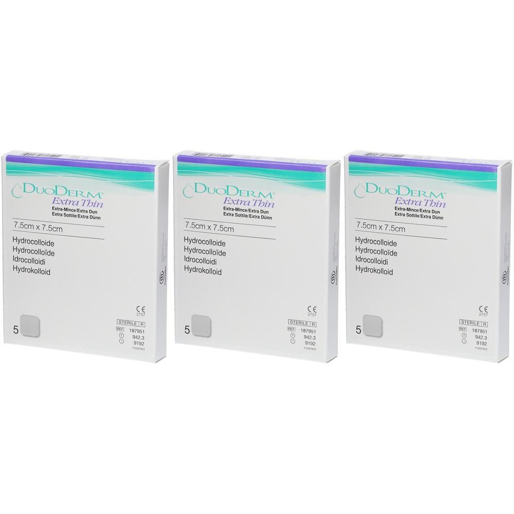Drie dozen DuoDerm Extra Thin, 7,5 cm x 7,5 cm. Op elke doos staat: Hydrocolloïde. CE-markering en het cijfer 5.