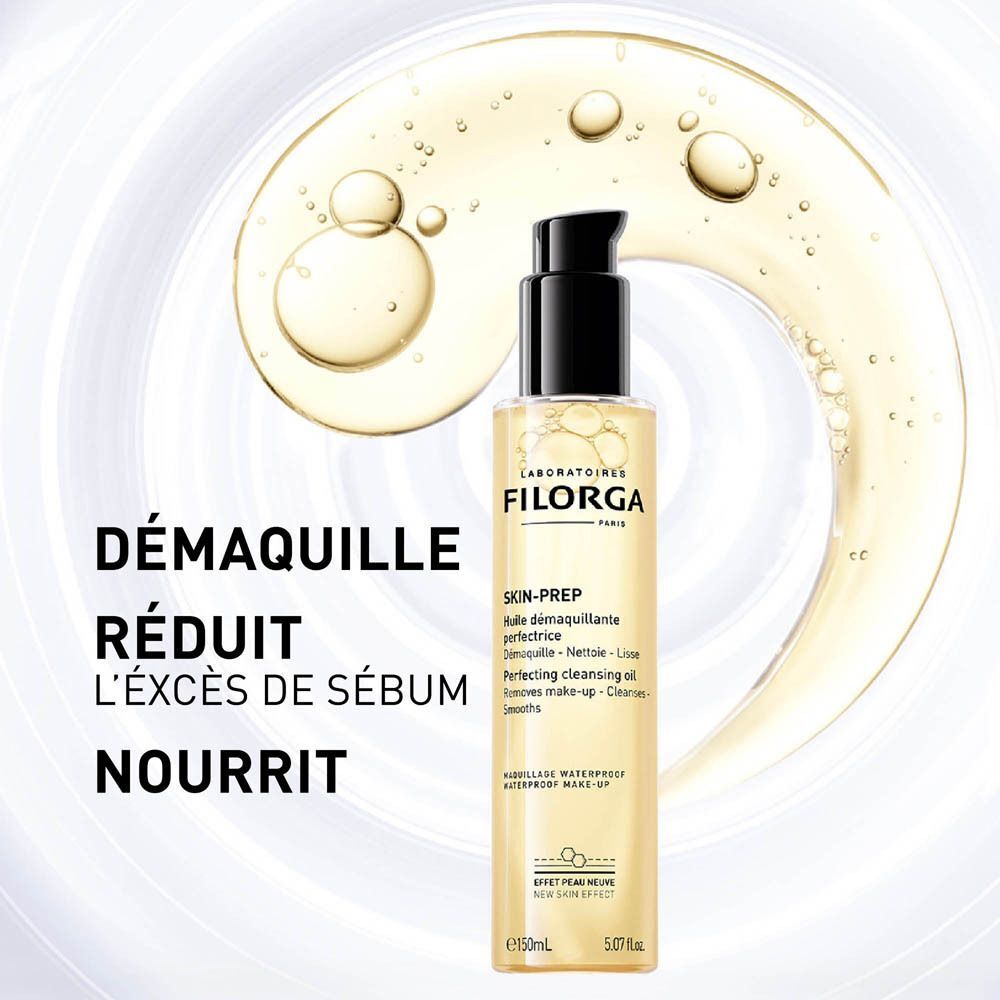 Flacon d'huile Filorga SKIN-PREP. Texte: DÉMAQUILLE, RÉDUIT L'EXCÈS DE SÉBUM, NOURRIT. Fond avec huile.