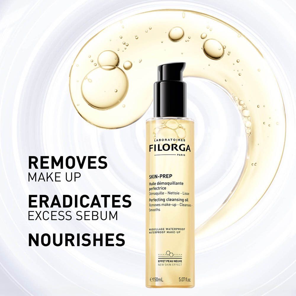 Filorga SKIN-PREP oliefles. Tekst: REMOVES MAKE UP, ERADICATES EXCESS SEBUM, NOURISHES. Achtergrond met olie.