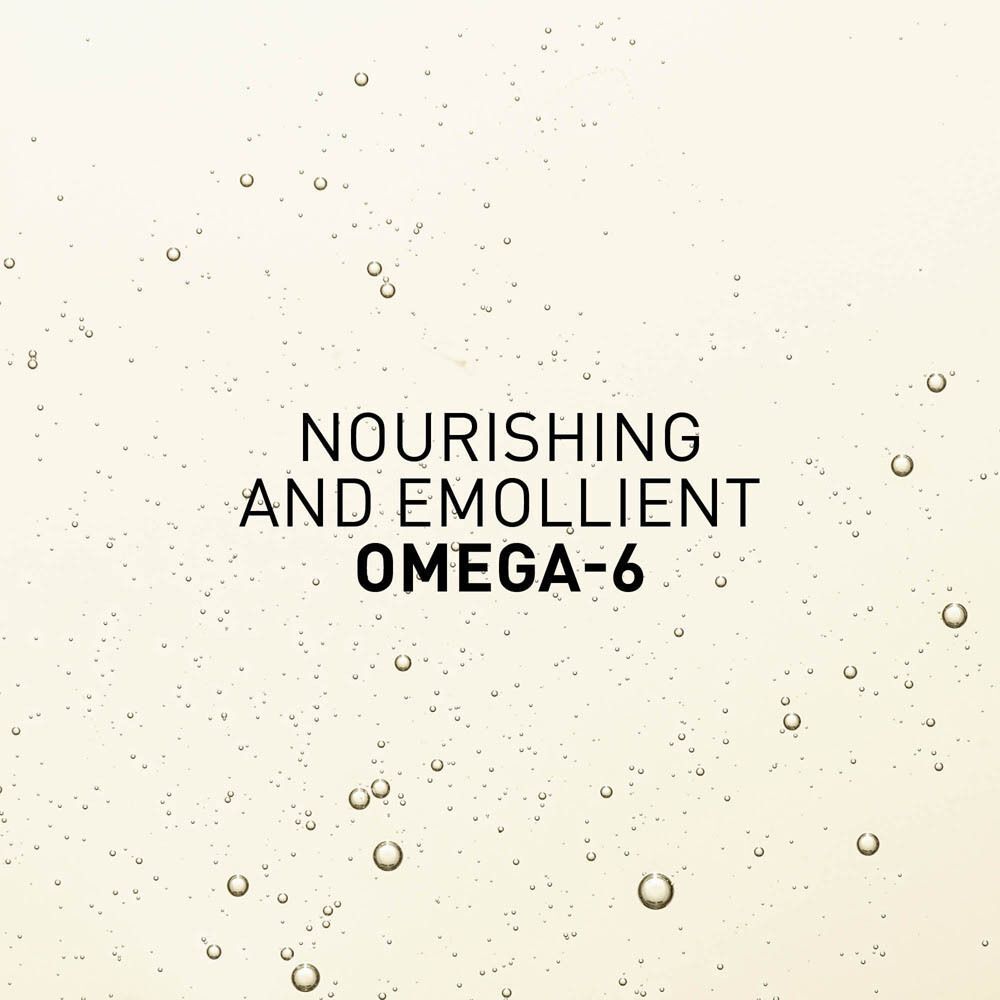 Close-up van vloeistof met tekst: NOURISHING AND EMOLLIENT OMEGA-6.