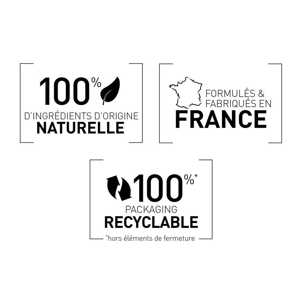 Trois logos: 100% d'ingrédients d'origine naturelle, Formulé & Fabriqué en France, 100% Packaging recyclable.