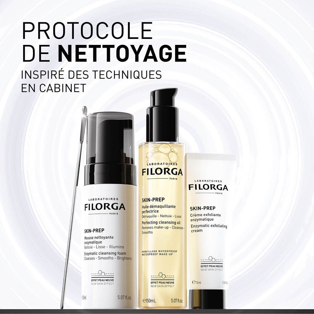 Trois produits Filorga SKIN-PREP. Texte: PROTOCOLE DE NETTOYAGE. Inspiré des techniques en cabinet.
