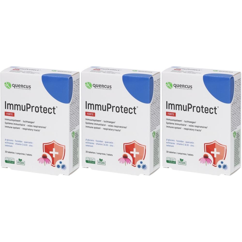 Trois boîtes de Quercus ImmuProtect Forte. Emballage blanc avec couvercle bleu. Écusson rouge avec croix et fleur. Vegan.