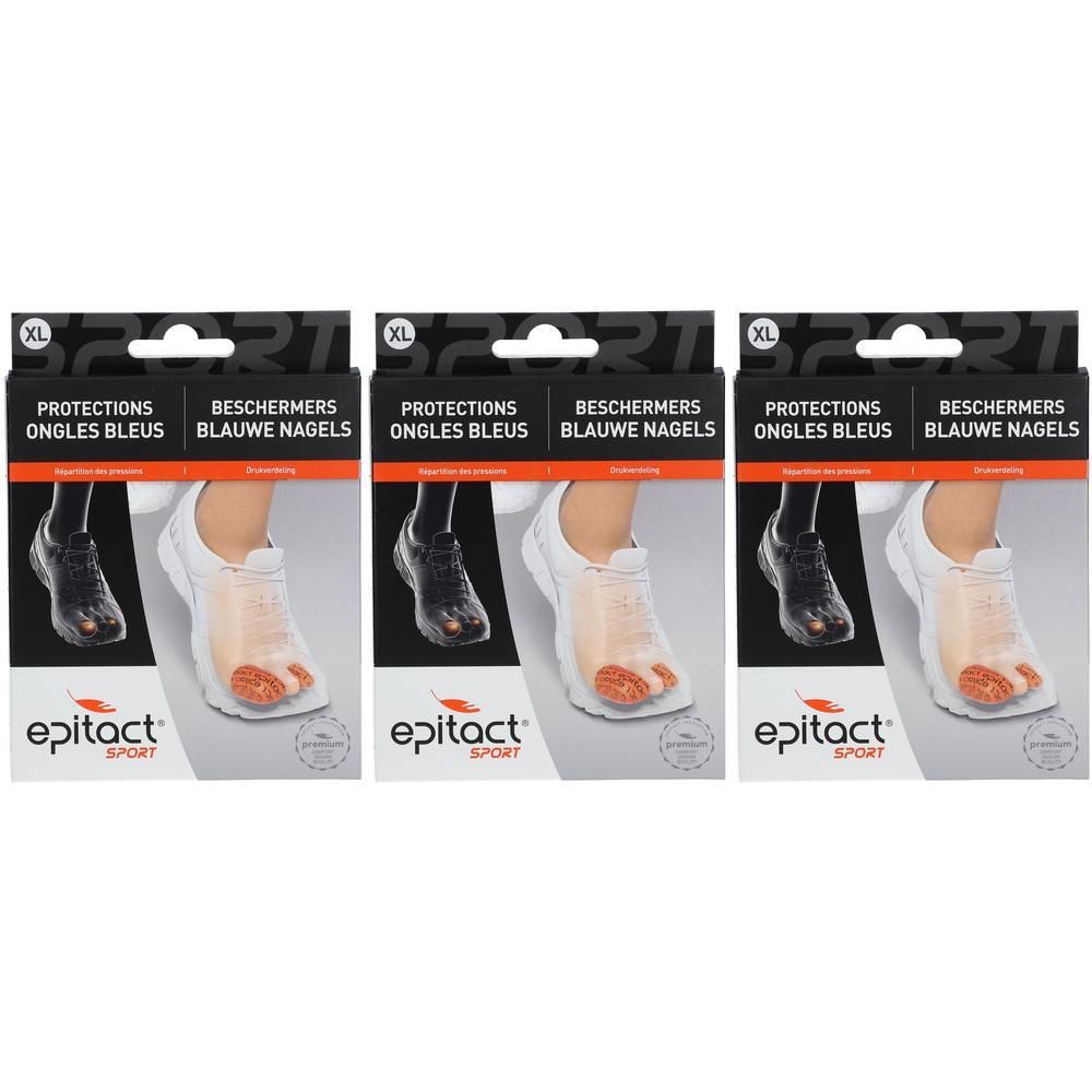Drie verpakkingen Epitact Sport Protections Ongles Bleus Extra Large. Zwarte verpakking met productafbeelding en logo.