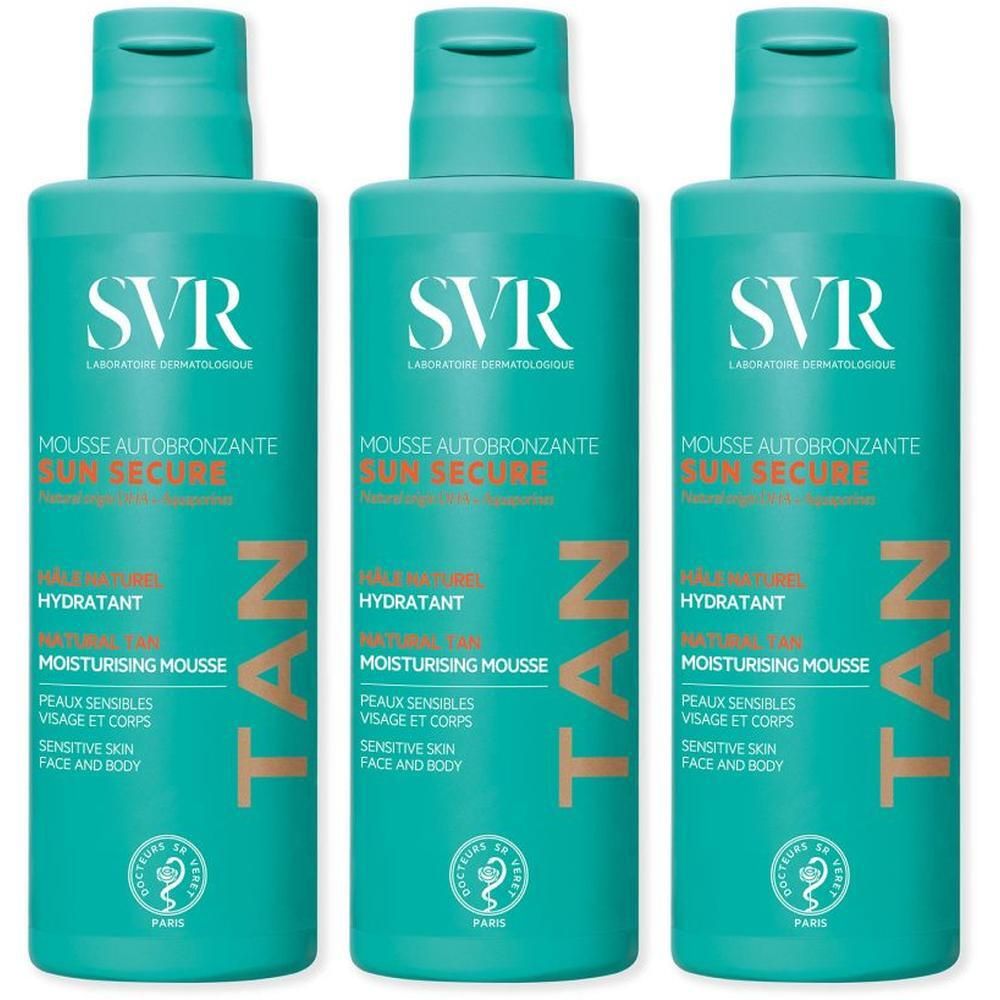 Drie flacons SVR Sun Secure Mousse Autobronzante met turquoise etiketten en oranje tekst.