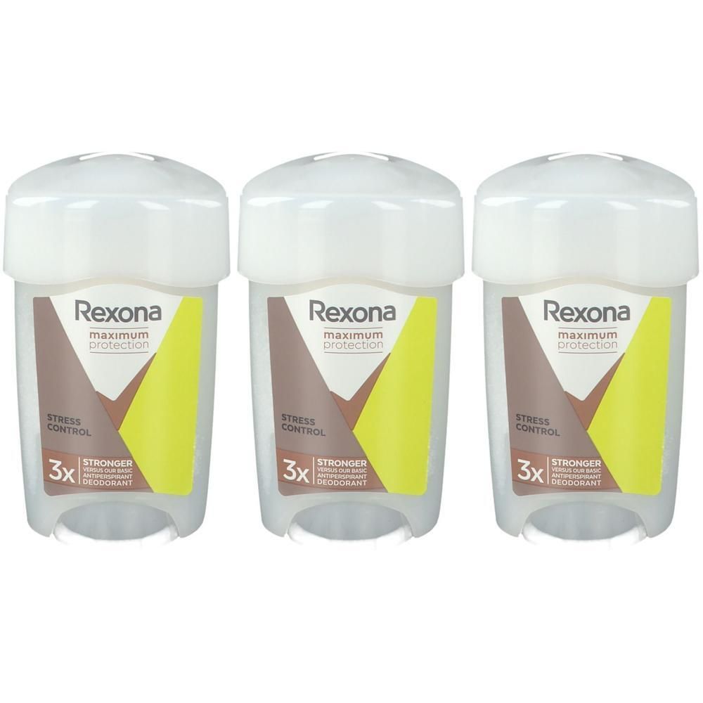 Trois sticks déodorants avec couvercles blancs. Sur le devant, "Rexona maximum protection". En dessous, "Stress Control" et "3x stronger".