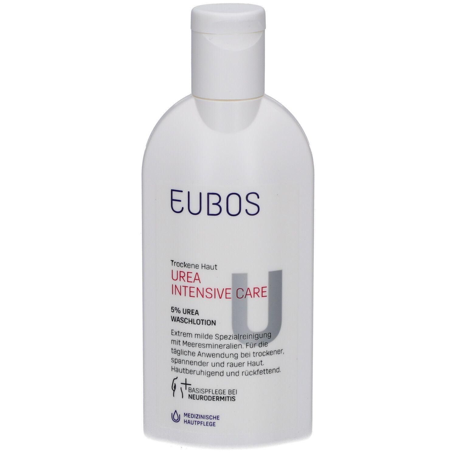 Witte fles met klapdeksel. Opschrift: EUBOS, UREA INTENSIVE CARE, 5% UREA WASCHLOTION. Medische huidverzorging.