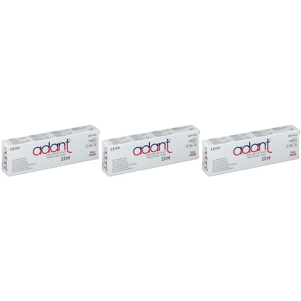 Trois boîtes rectangulaires blanches avec le mot "adant" en rouge et noir, et "25ml". Elles portent également des informations en noir.