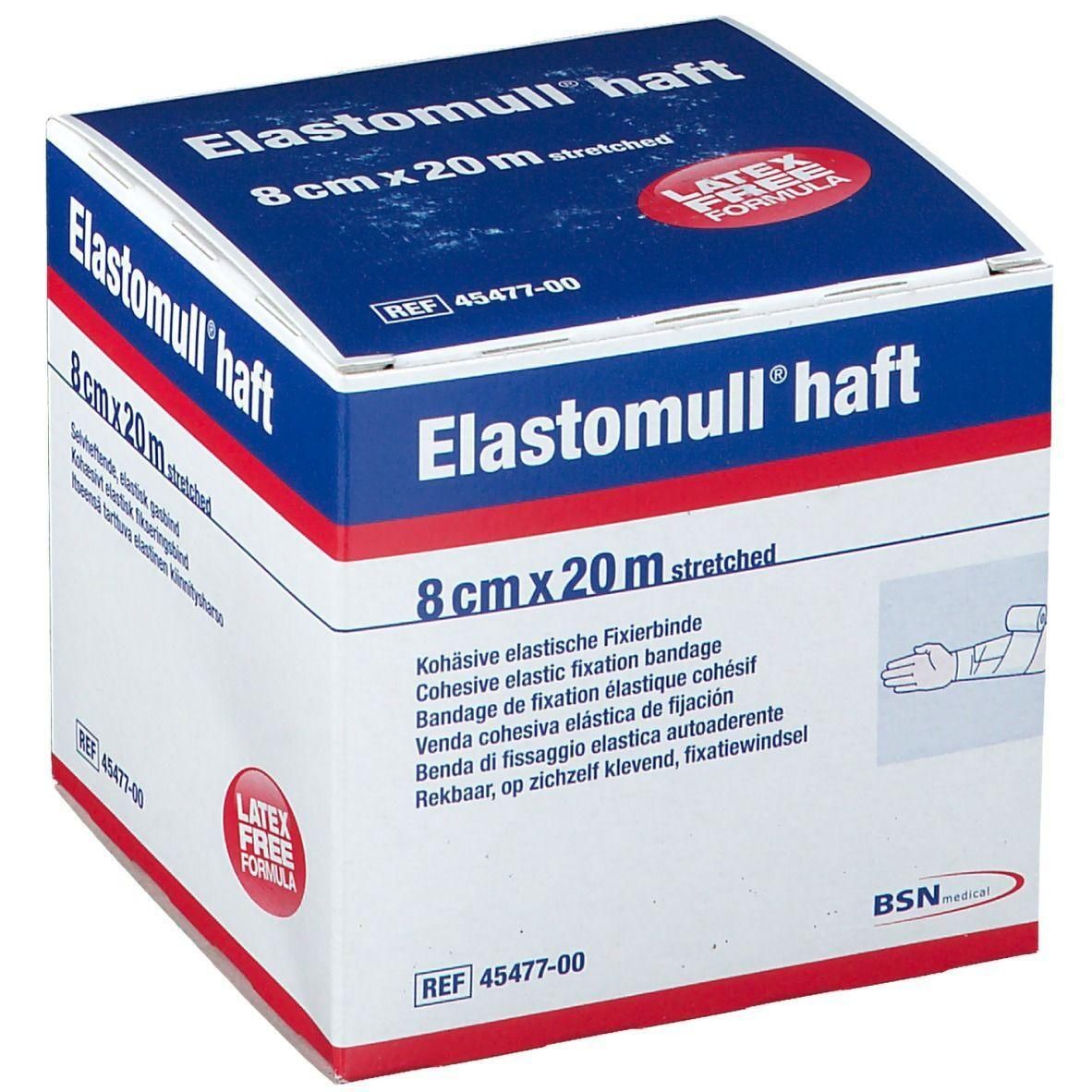 Verpakking van Elastomull haft, 8 cm x 20 m. Opschrift: Latex Free Formula. Referentienummer 45477-00. BSN medical logo.