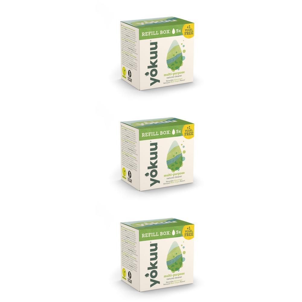 Trois boîtes carrées. Inscription : YOKUU, Refill Box, multi-purpose natural cleaner. Avec logo et certifications.