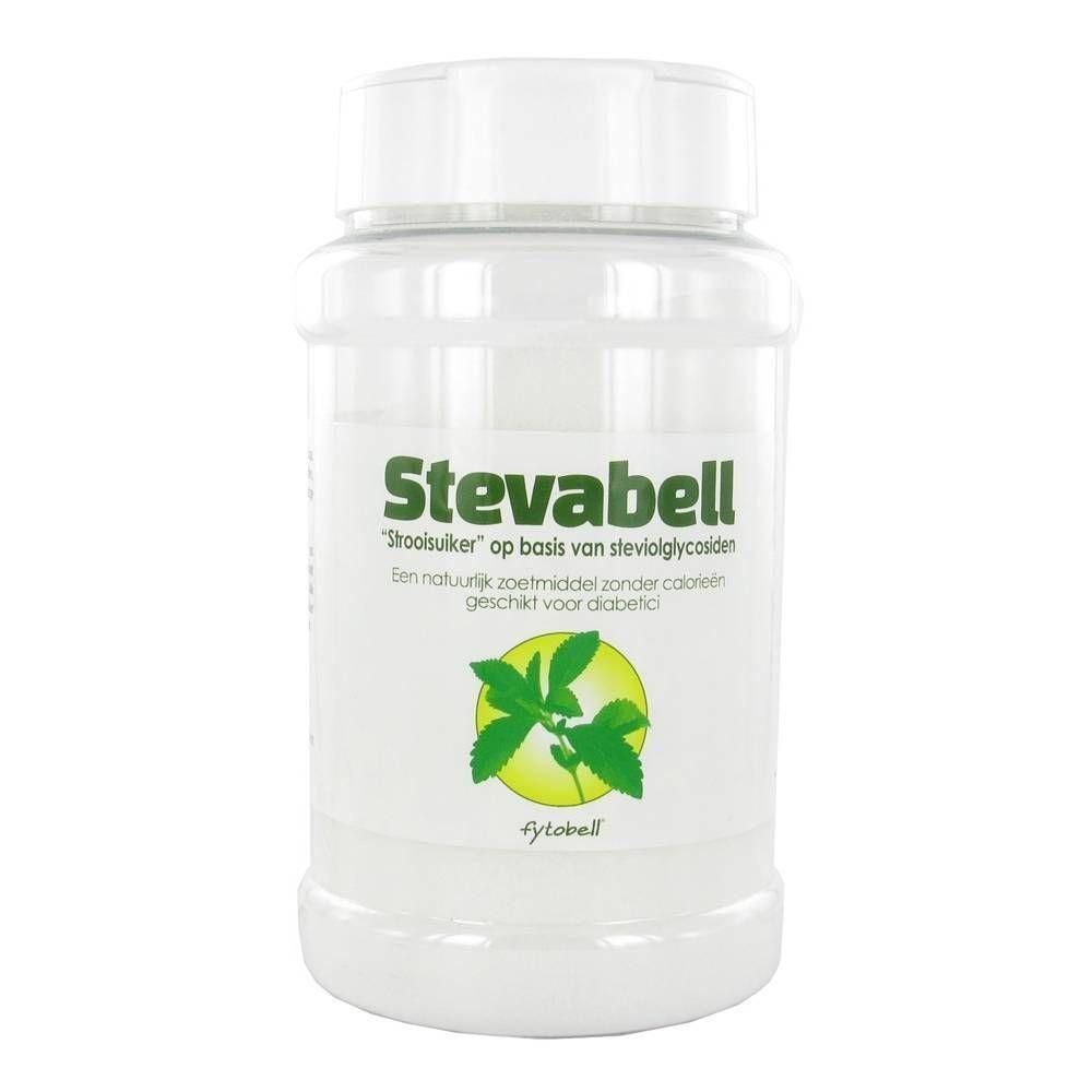 Witte pot met deksel. Opschrift Stevabell. Tekst en logo met bladeren. Geschikt voor diabetici.