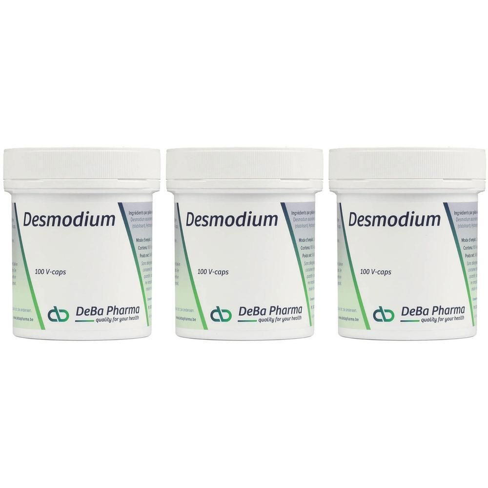 Drie witte potten met "Desmodium". Elke pot toont "100 V-caps" en "DeBa Pharma".