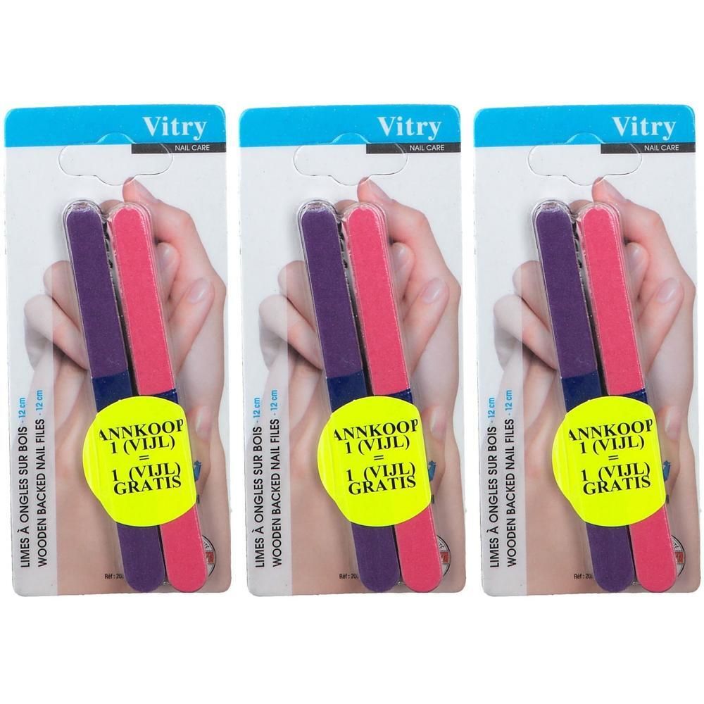 Trois paquets de limes à ongles. Chaque paquet contient deux limes violettes et roses. Le nom "Vitry" est visible sur chaque paquet.