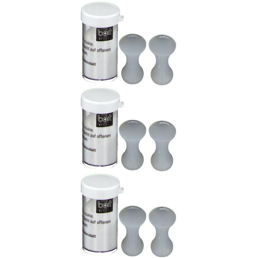 Drie containers met deksels en elk twee lichtgrijze, druppelvormige siliconen teenspreiders. Opschrift: bort medical.