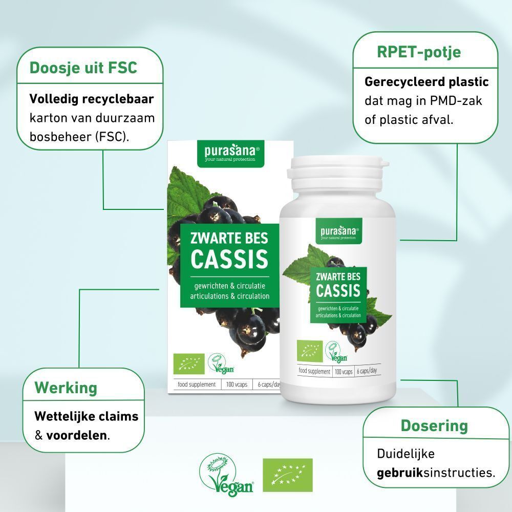 Witte fles en doos. Opschrift: Zwarte Bes Cassis, bladeren en bessen. Vegan-zegel. FSC-certificering.