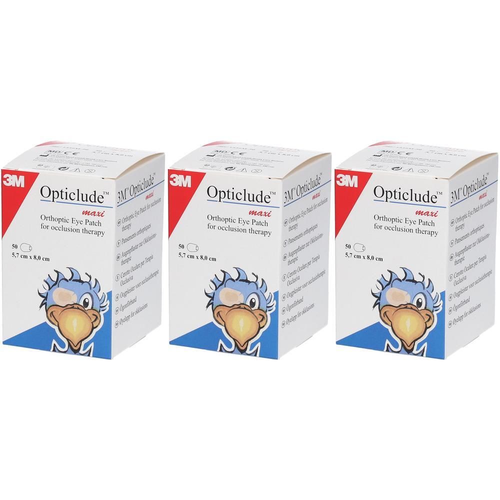 Drie dozen Opticlude Maxi oogpleisters. Elke doos toont een blauw vogelontwerp en productinformatie.