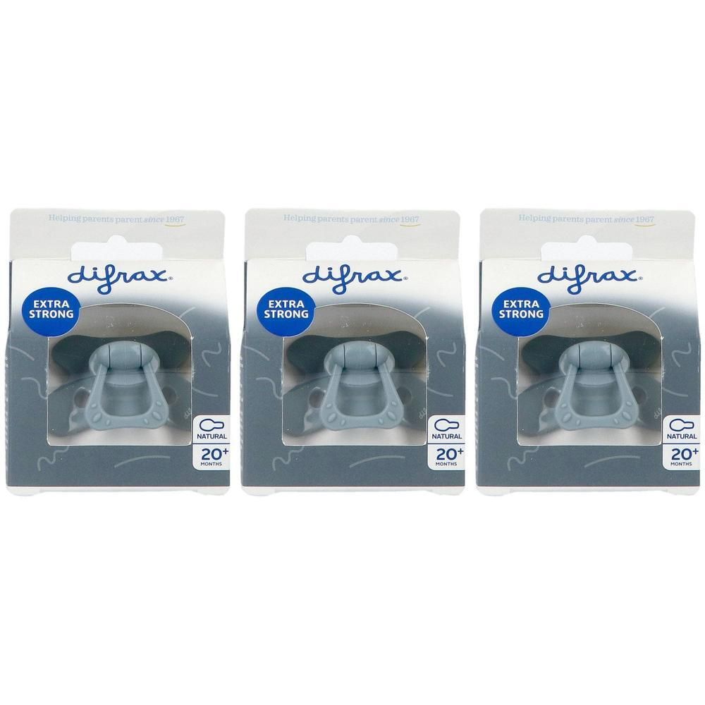 Trois sucettes dans leur emballage. Marque : difrax. Inscription : EXTRA STRONG, NATURAL, 20+ mois.