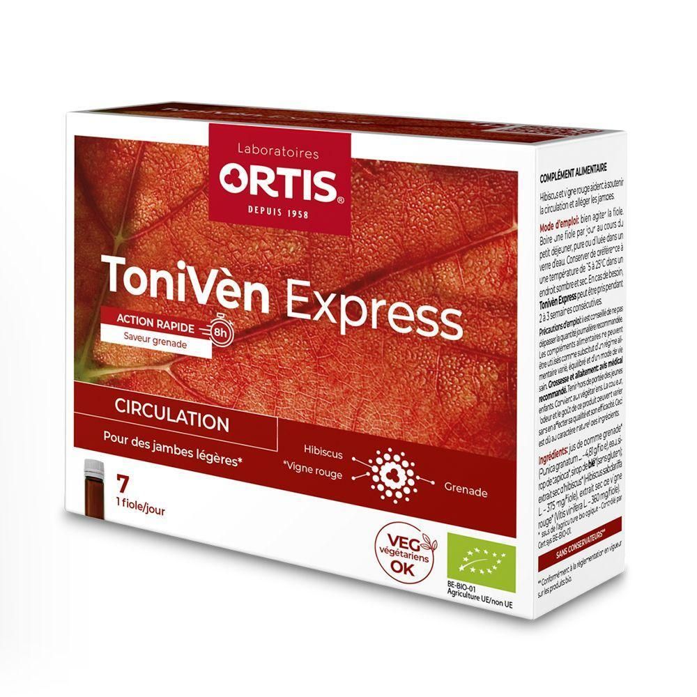 Boîte Ortis Toniven Express, 7 flacons. Ingrédients : hibiscus, vigne rouge, grenade. Label végétarien. Pour la circulation et jambes légères.
