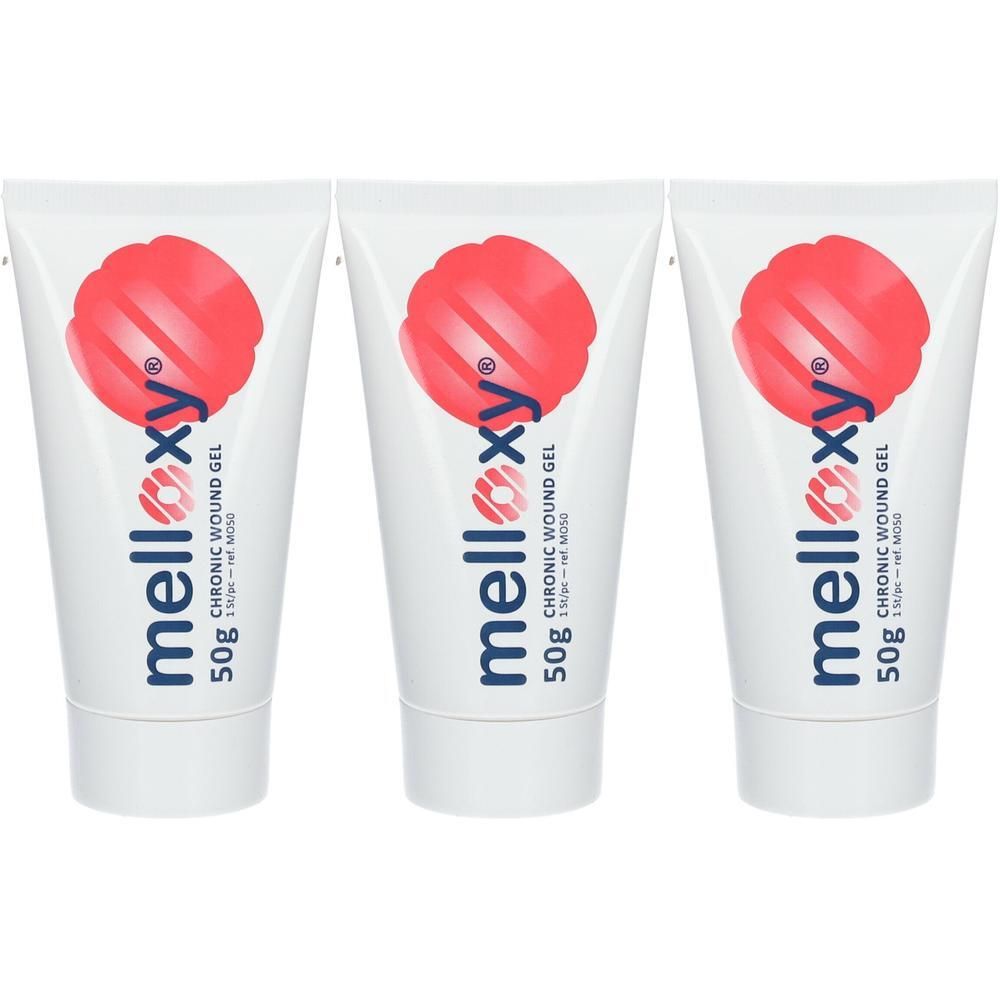 Trois tubes blancs avec logo et texte rouges. Chaque tube porte l'inscription "melloxy", "CHRONIC WOUND GEL" et "50g".