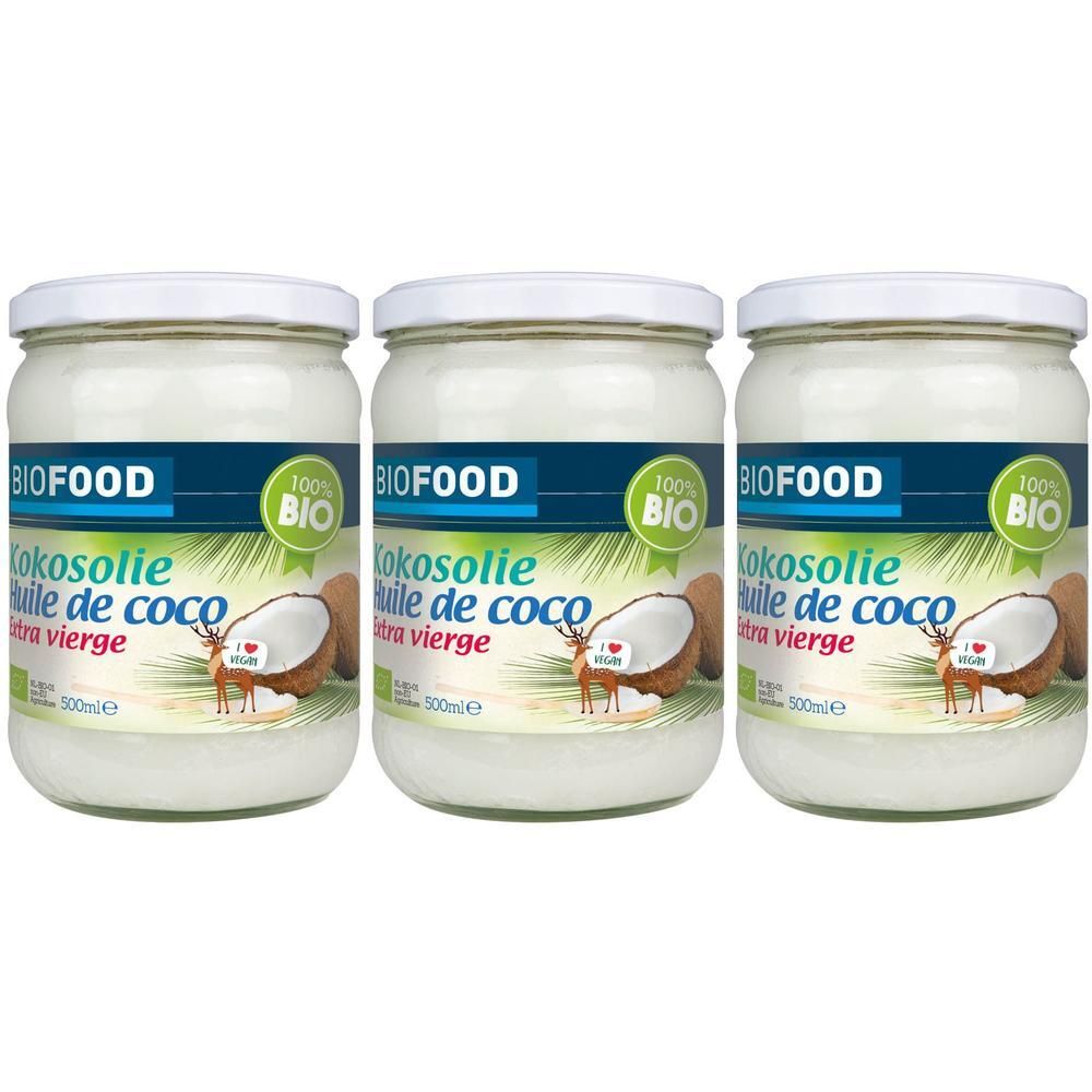Trois pots de Kokosolie extra vierge. Marque BIOFOOD, avec logo bio. Bocal en verre, couvercle blanc.