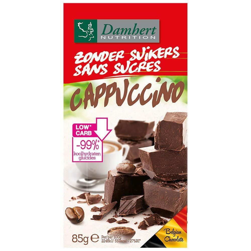 Emballage de chocolat Cappuccino sans sucre. Marque Damhert Nutrition. Morceaux de chocolat. Label Low Carb. Chocolat belge.